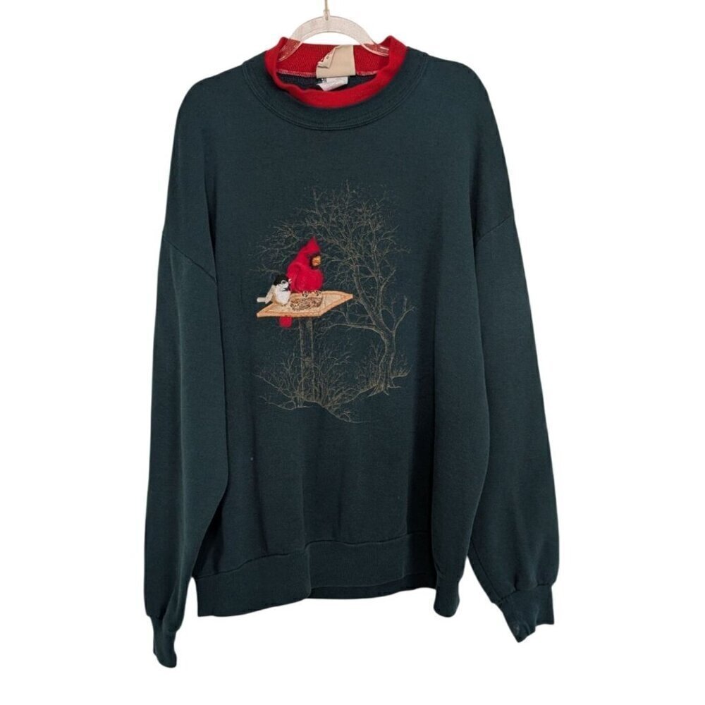 Vintage Cardinal Sweatshirt Womens Size XL Green Red Winter Granny Cottage USA
